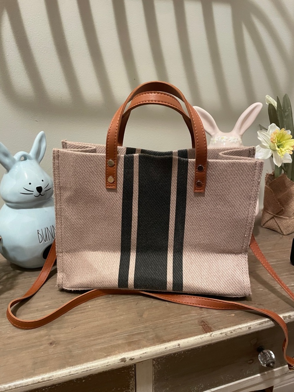 Canvas Stripe Tote with Tan Leather Handles